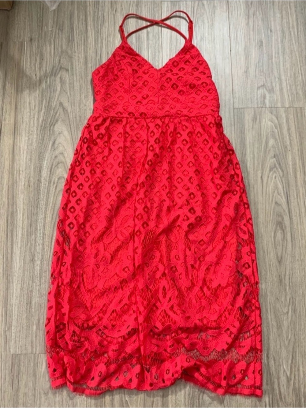 DEX red lace midi dress with adjustable straps